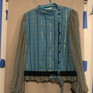 STINE GOYA Blue and Gold Plaid Blouse